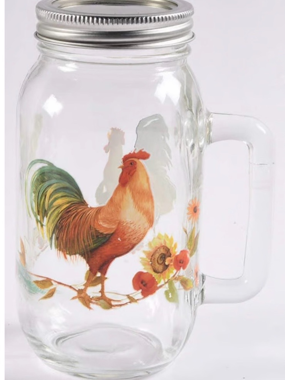 Rooster Meadow by PFALTZGRAFF Glass Mason Jar Mug Metal Lid Brand New Condition